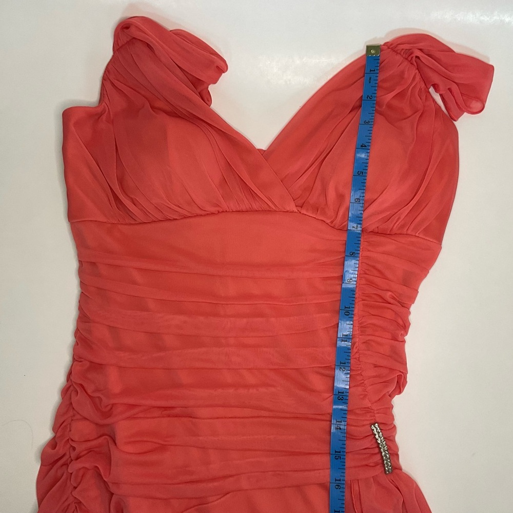 New - EnFocus Tea Length Coral Ruched Dress - Picture 6 of 9